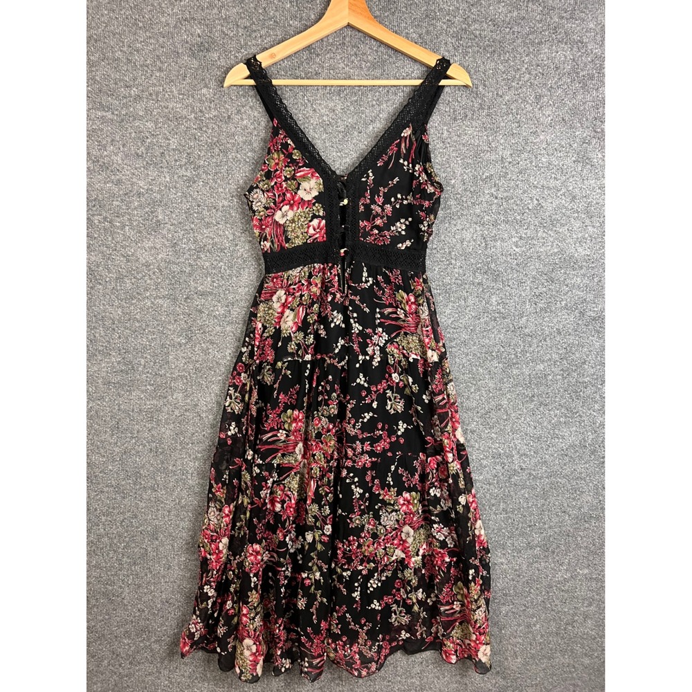 VTG 90s United Colors Of Benetton Silk Floral Midi Dress Small Lace Trim Tiered - Picture 2 of 11